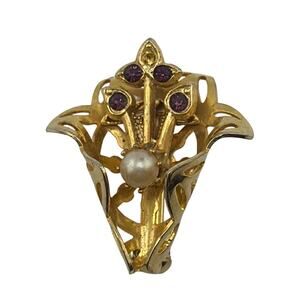 Vintage Gold Tone Floral Cornucopia Pearl Purple Rhinestone Brooch